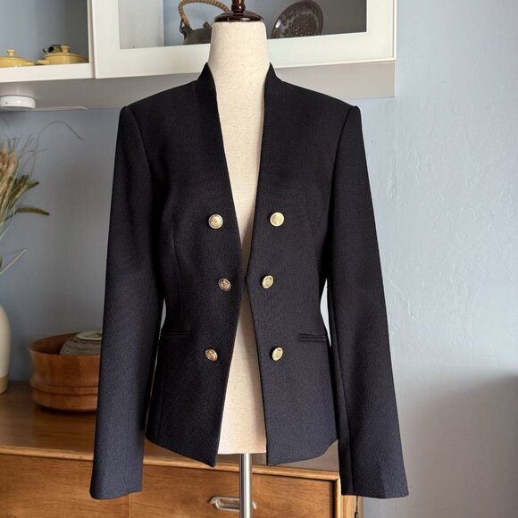 Calvin Klein Textured Open Front Jacket Gold Button Blazer Dark Navy Blue Sz 6 - Picture 1 of 8